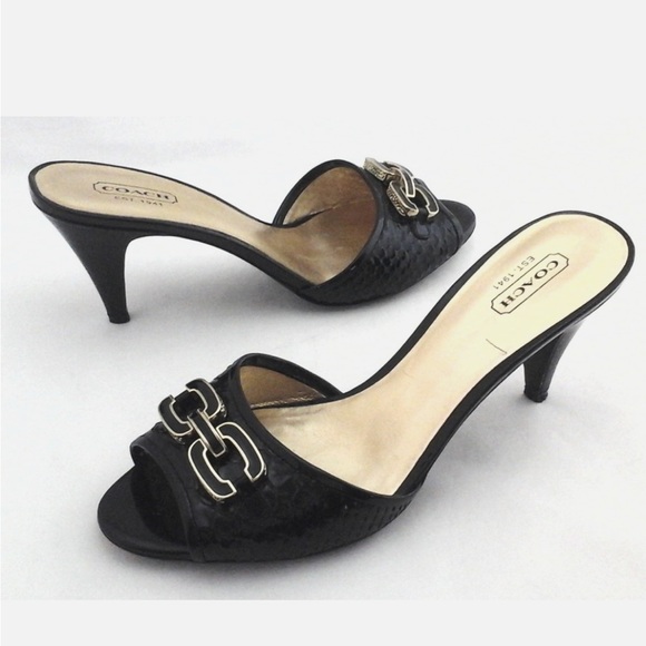 Coach Heels HAZEL Logo Slip On Black/Gold Patent Snake Embossed , sz 10 - Picture 1 of 12